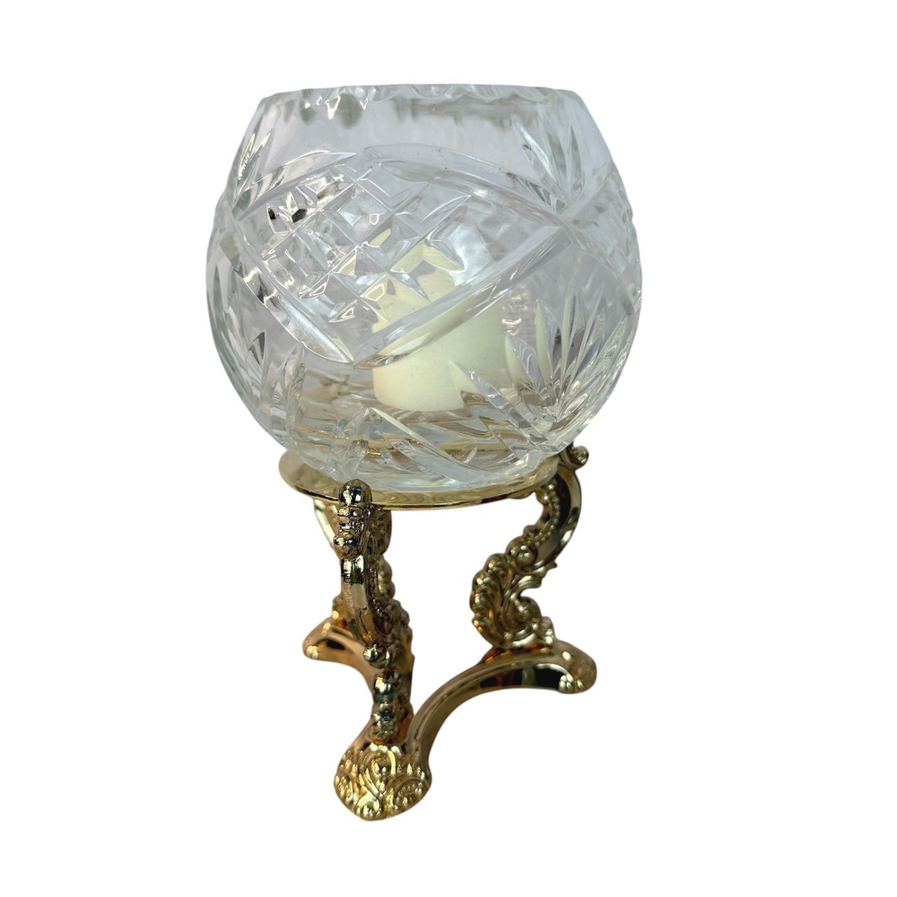 Godinger Crystal Rose Bowl Votive Holder 5" Clear Gold Tone Museum Re-Creations